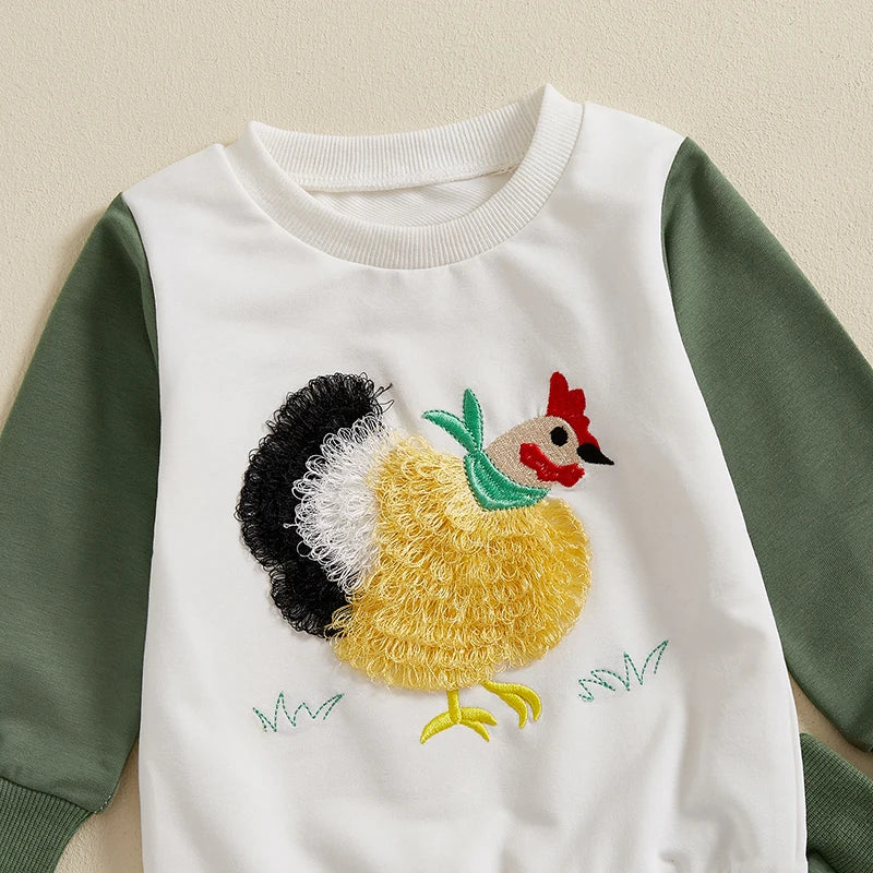 Boys Autumn Outfits Hen Embroidery Sweatshirts and Pants Set Long Sleeve Pullover and Trousers 2-Piece Clothing Ensemble