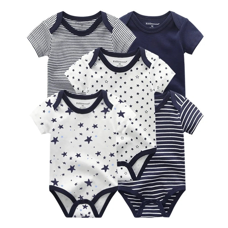 Kiddiezoom 5 Piece Fashion Cartoon Boys and Girls Bodysuits 100% Cotton Soft Newborn Bodysuit Set Summer
