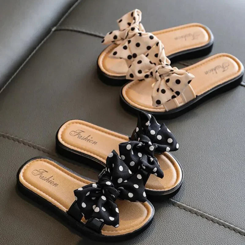 2024 New Bow Flats Open Toe Slide Sandals Non-slip Flip Flops Children Home Slippers Kids Girls Summer Cute Beach Slippers Shoe