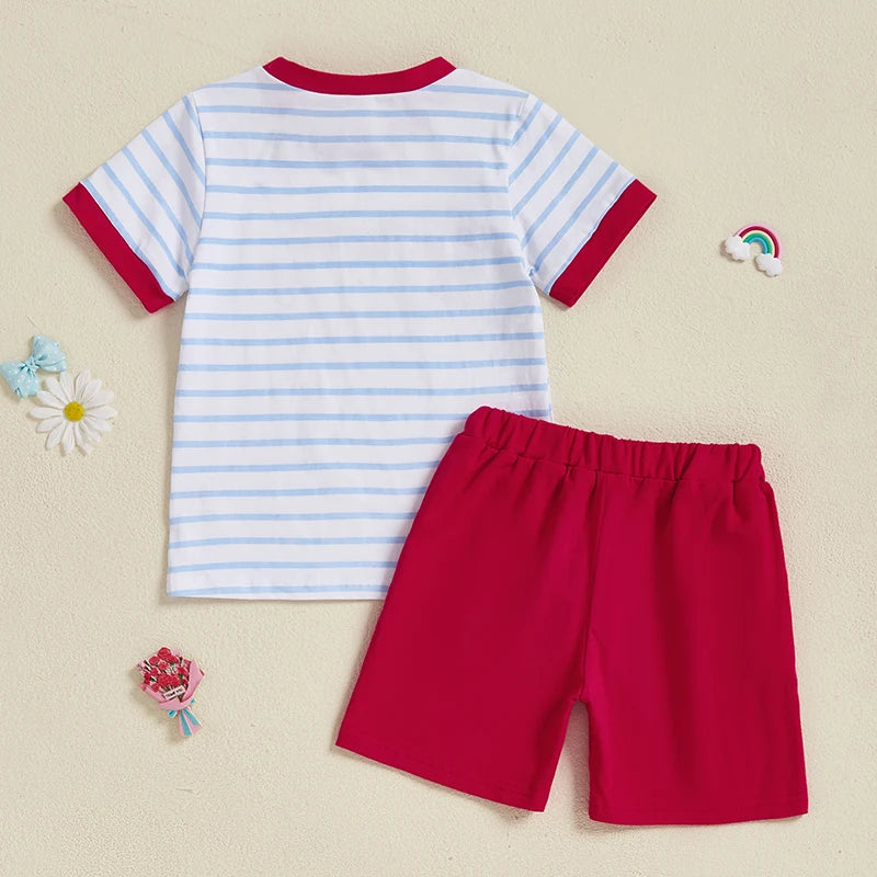 Boys Summer Outfit Set Short Sleeve Striped T-shirt with Embroidered Crayfish Design and Elastic Waist Shorts for Toddlers
