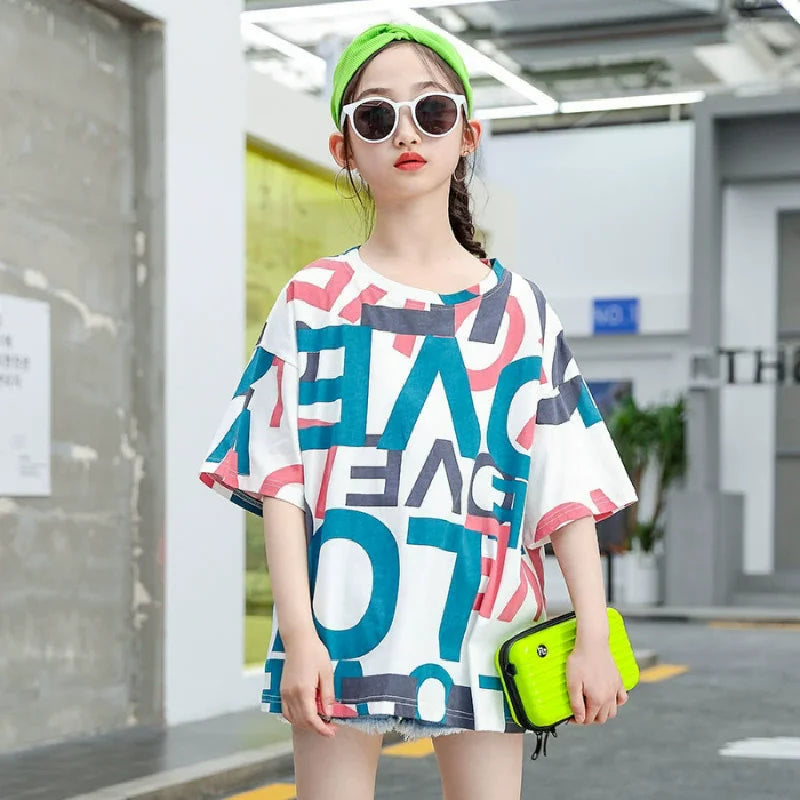 Girls T-shirt Summer Teenagers Short Sleeve Tops Tees Sport Kids School Costume Children Long Clothes 4-12 Years Old