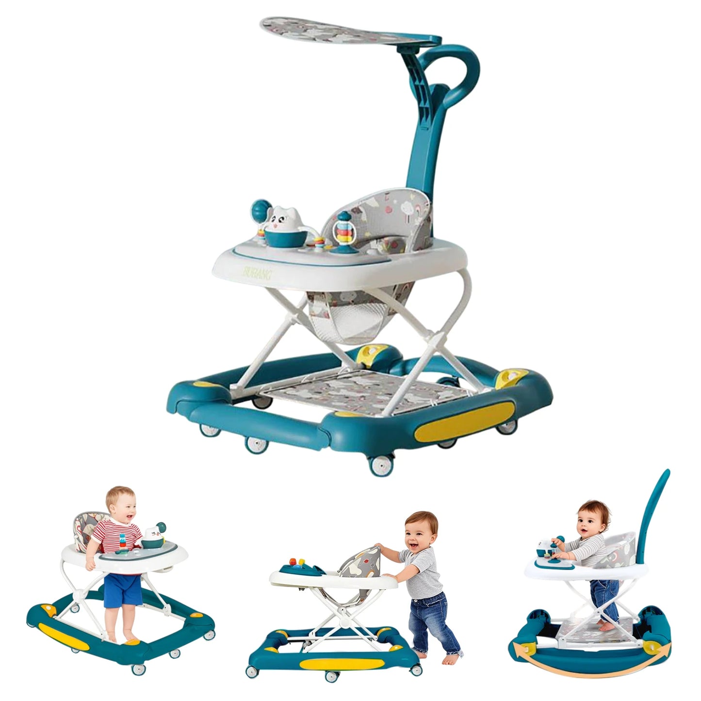 4in1 Baby Walker with Wheels Adjustable Height Music Lights Rocker Mode Activity Walker and Bouncer Combo For Baby Boys & Girls