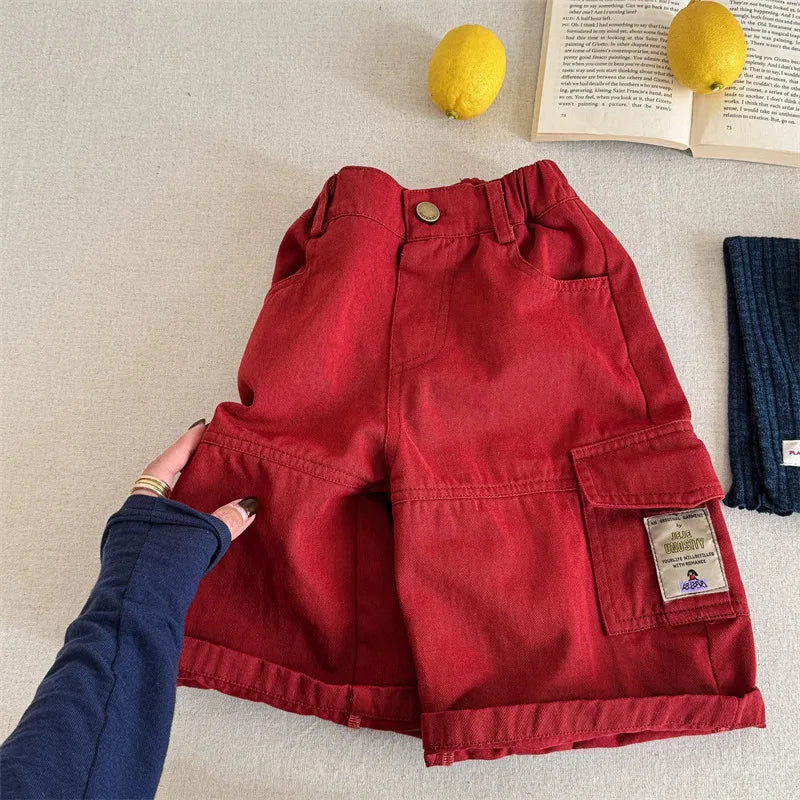 2025 Spring New Children Cargo Pants Cotton Boys Casual Pants Solid Versatile Baby Girls Loose Trousers Kids Wide Leg Pants