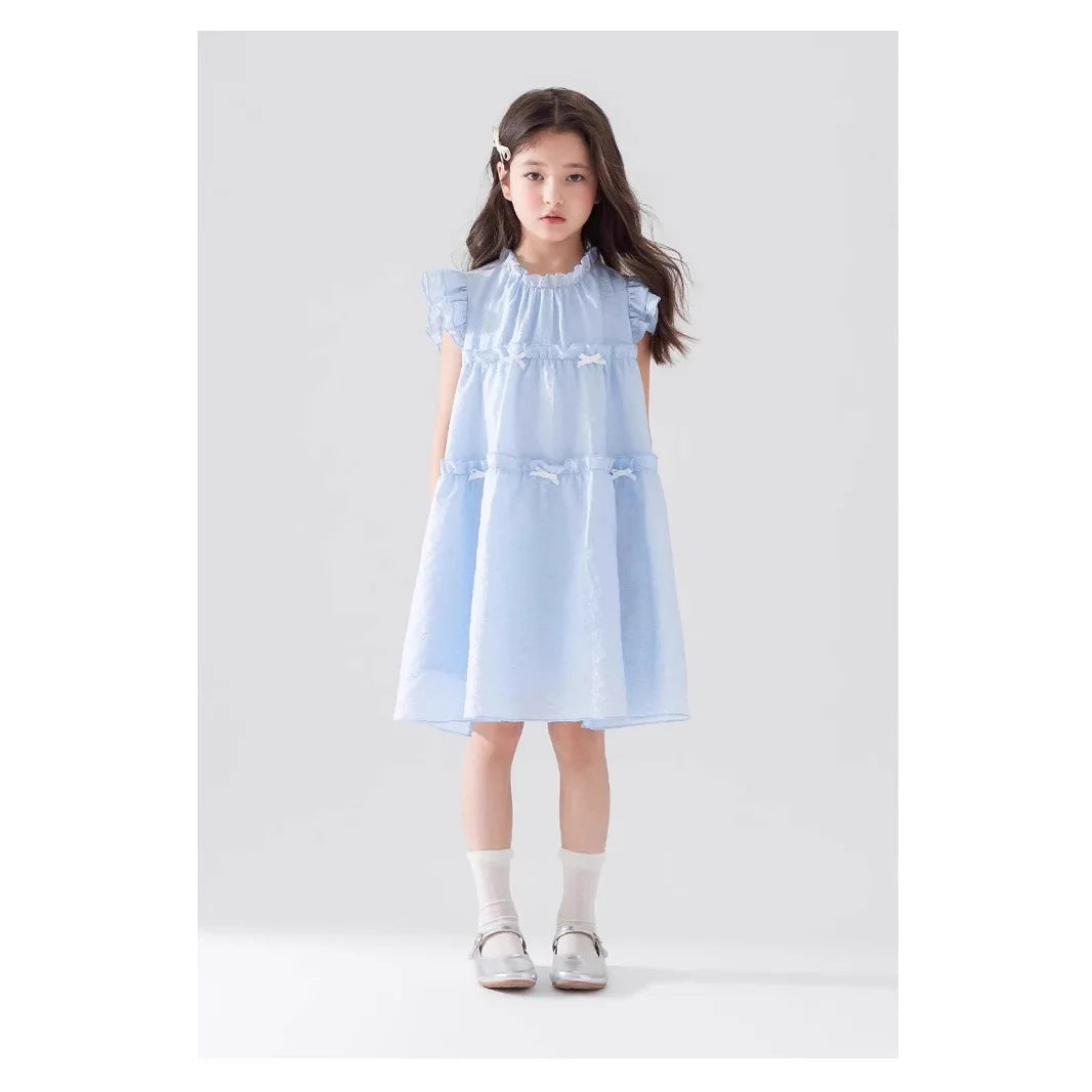 Girls Summer Dress Sweet Flying Sleeve Bow Lace Ruched Kids Girls Princess Dress Thin Cotton Cool Children Girls Dress