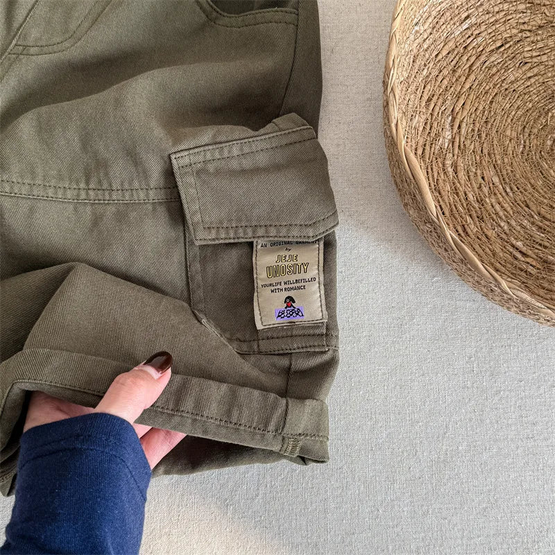 2025 Spring New Children Cargo Pants Cotton Boys Casual Pants Solid Versatile Baby Girls Loose Trousers Kids Wide Leg Pants