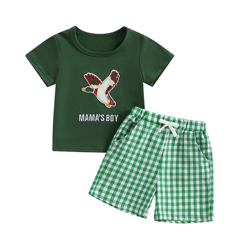 Toddler Boys Casual Outfits Cute Animal Print Short Sleeves T-Shirt and Elastic Denim Shorts Set for Summer Wear