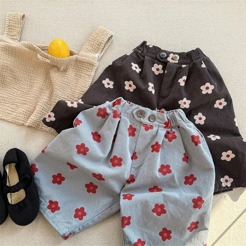 Children Girls Flower Pant Cotton Printed Loose Cropped Pant Fot Baby Girl Ins Toddler Girl Mosquito-proof Pant Kids Girl Shorts
