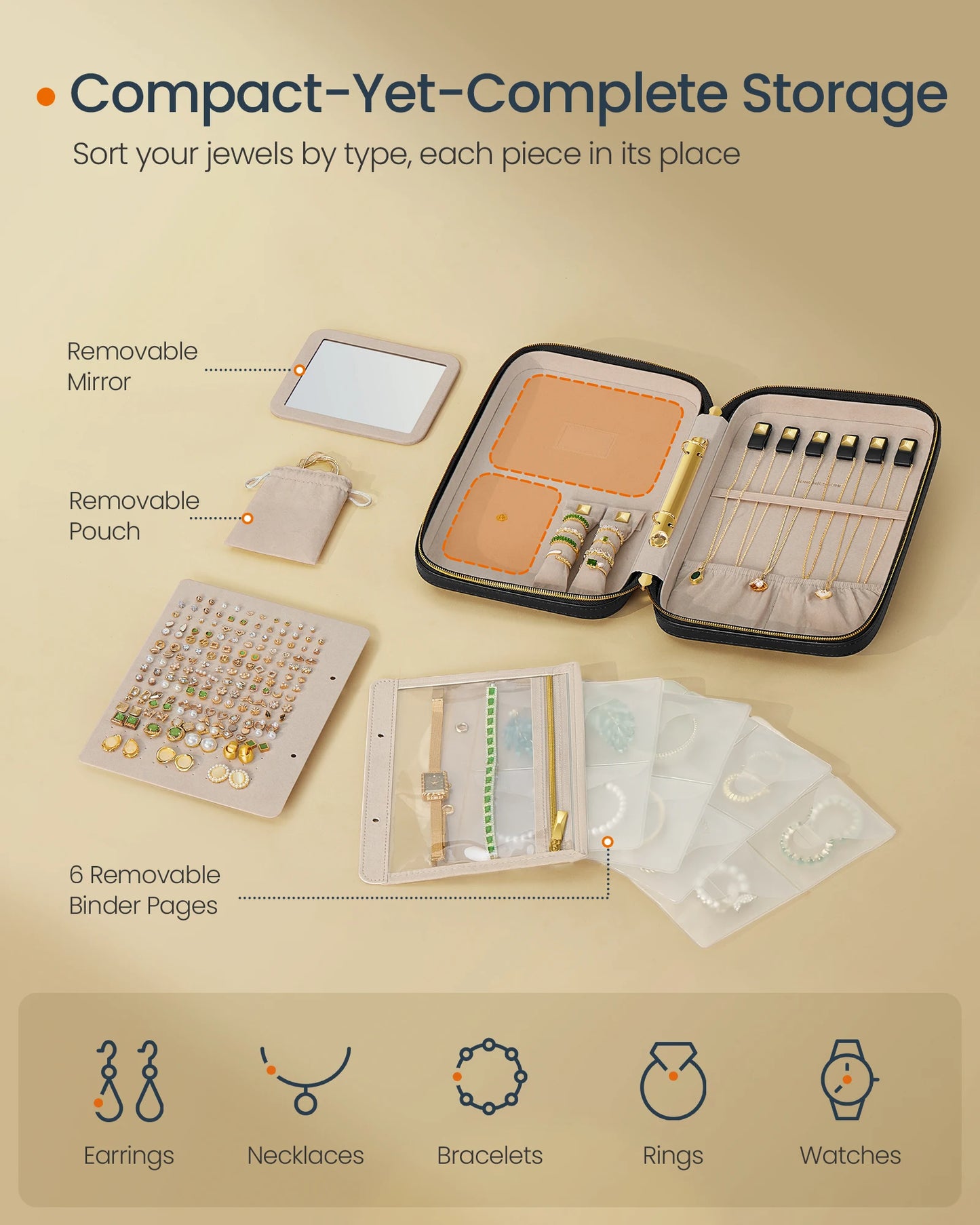 SONGMICS HOME Travel Jewelry Case, Jewelry Organizer Box with Mirror, Jewelry Pouch, Woven Embossed PU Leather, Hard Shell