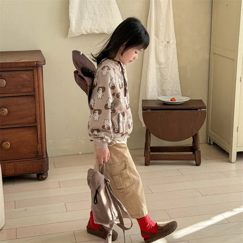 2025 Spring New Children Cargo Pants Cotton Boys Casual Pants Solid Versatile Baby Girls Loose Trousers Kids Wide Leg Pants