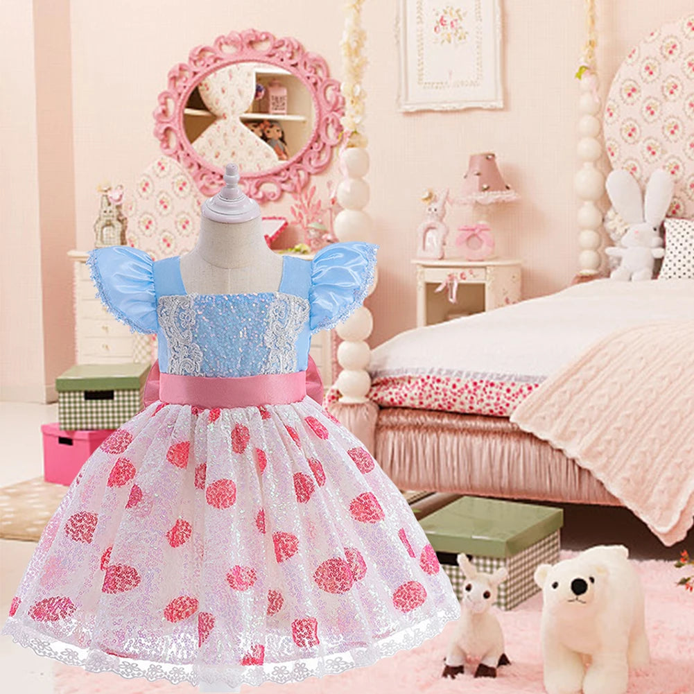 Kids Cosplay Costume with Headband Flying Sleeve Sequins Dress Little Shepherdess Princess Dress for Halloween Carnival Party