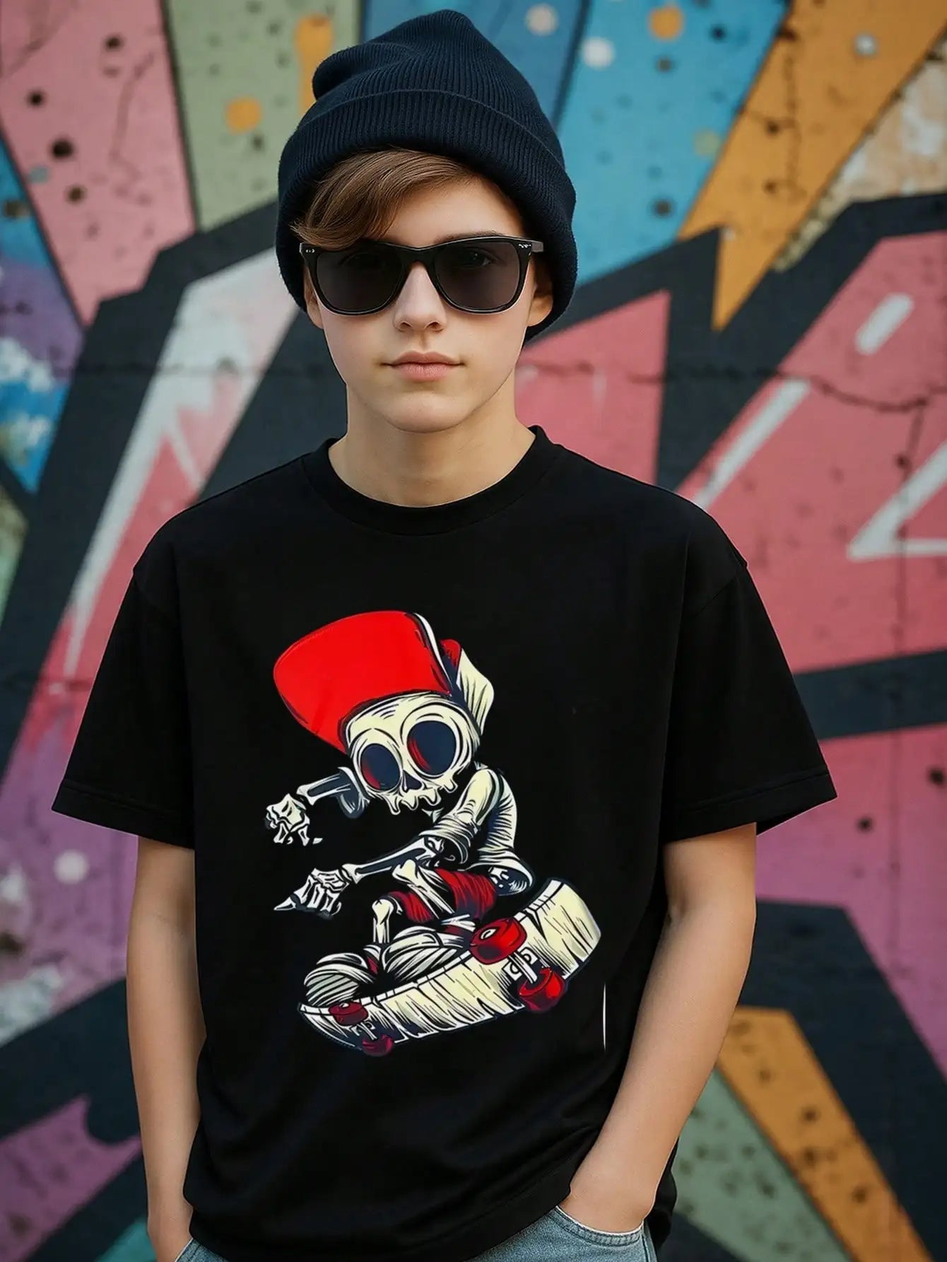 Tween Boys Skull Skateboarding Cotton Graphic Tees, Black Casual Style Summer Tops With Cool Skeleton Art