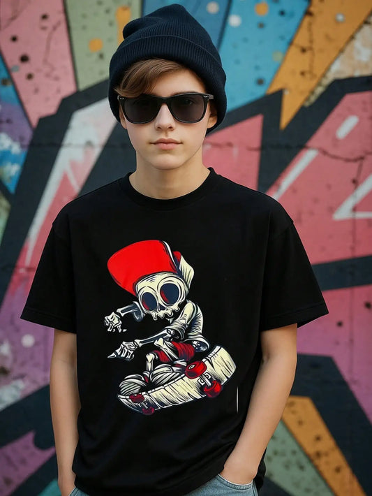 Tween Boys Skull Skateboarding Cotton Graphic Tees, Black Casual Style Summer Tops With Cool Skeleton Art