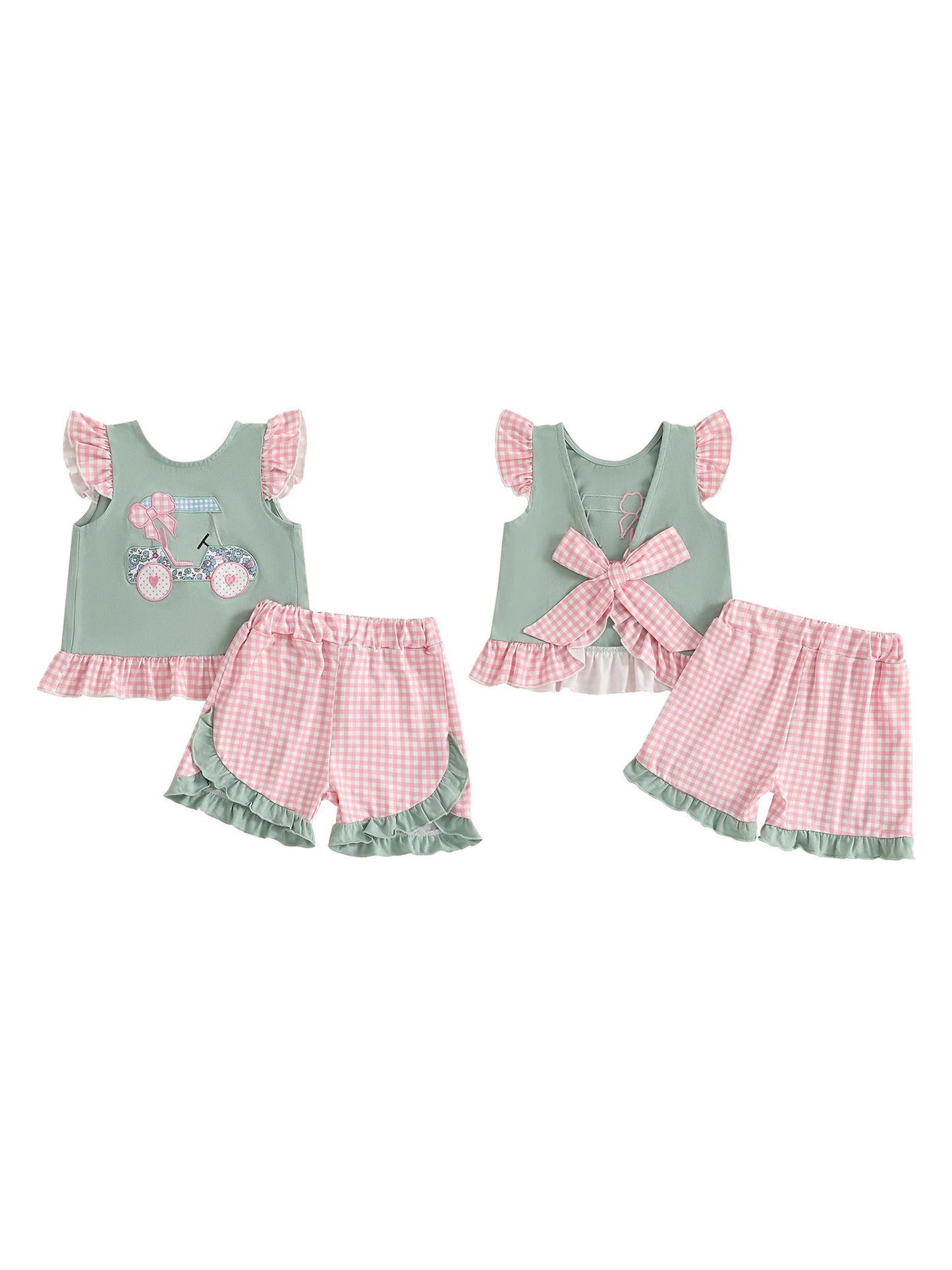 Adorable Infant Girl s Summer Ensemble Cute Golf Cart Embroidered Flutter Sleeve Top with Plaid Print Shorts 2-Piece Set