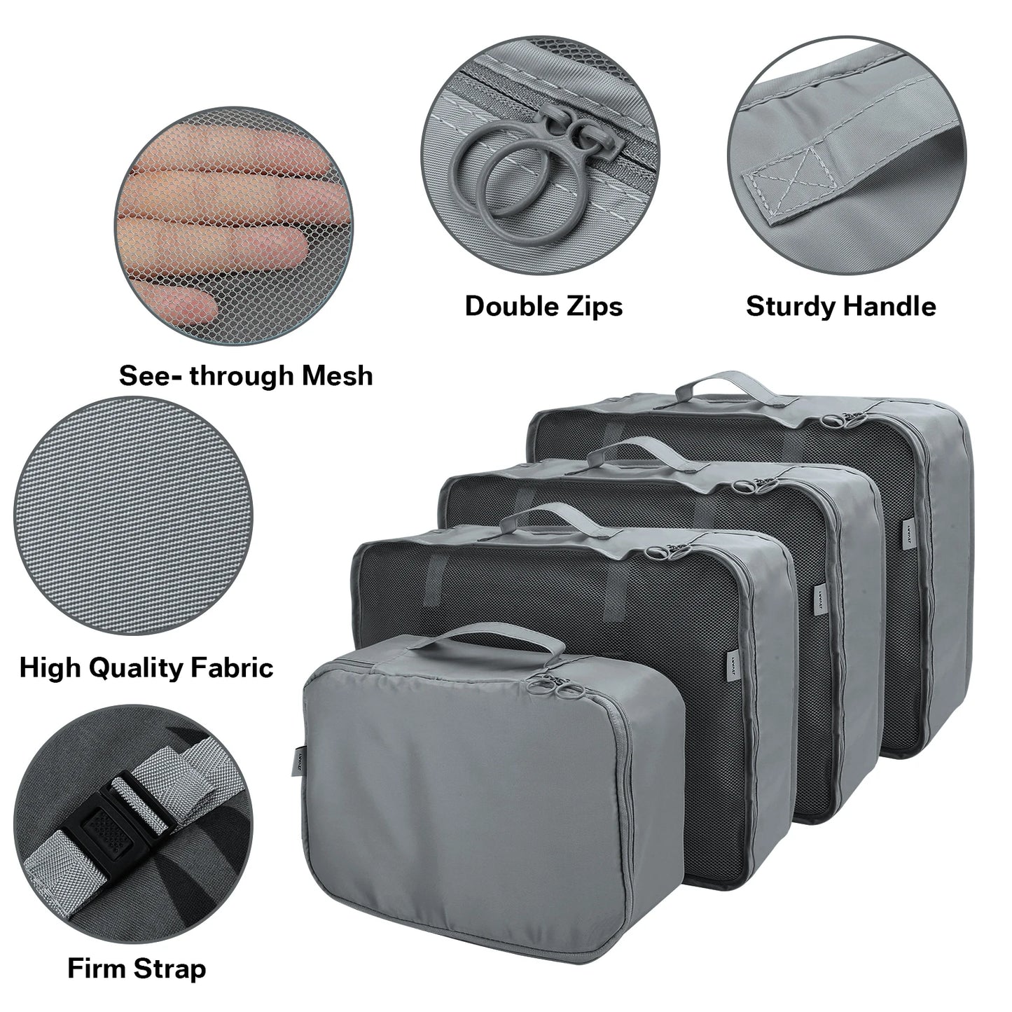 Waterproof Packing Cubes 8pc Set for Suitcases Travel Packing Organizer With Double Zipper Pulls Mesh Top 100% Durable Polyester