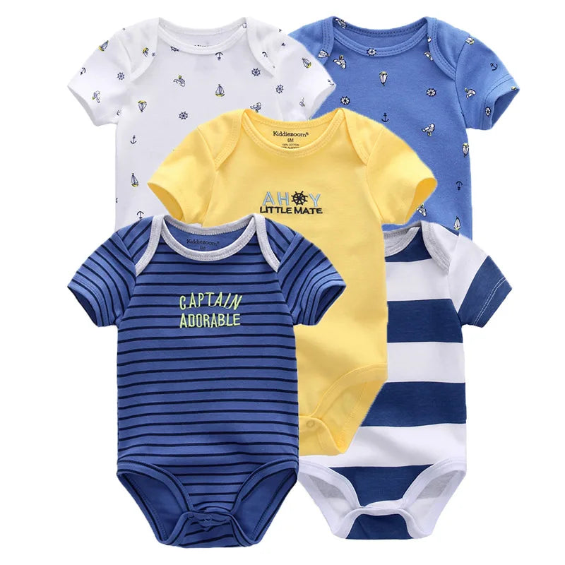 Kiddiezoom 5 Piece Fashion Cartoon Boys and Girls Bodysuits 100% Cotton Soft Newborn Bodysuit Set Summer
