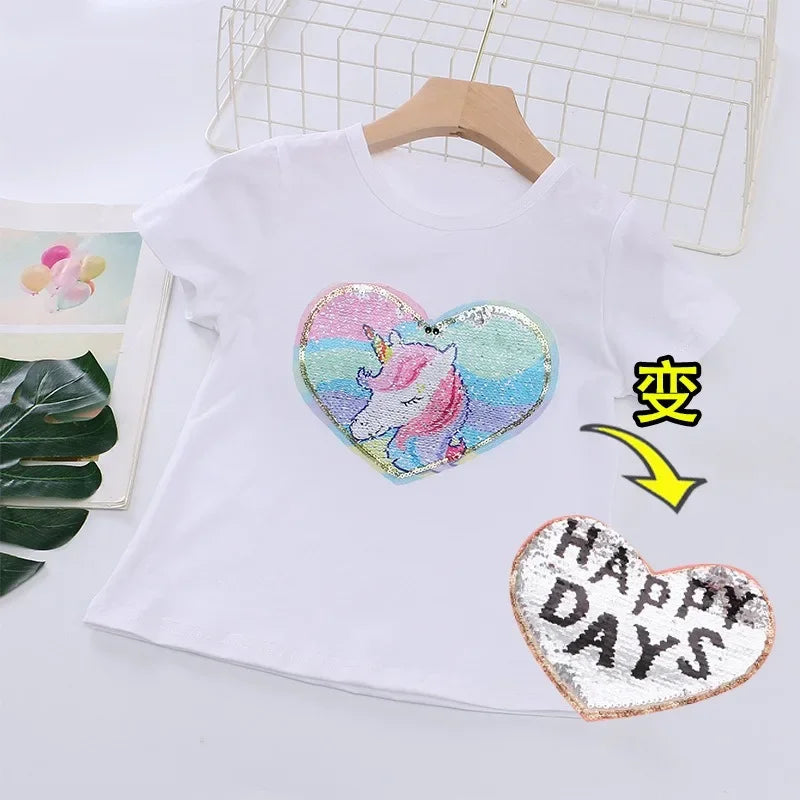 2025 New Unicorn Kids T-shirt Short sleeves Children Cotton Summer Baby Girls Tee Party Princess Girl Clothes Costumes 3-8Y