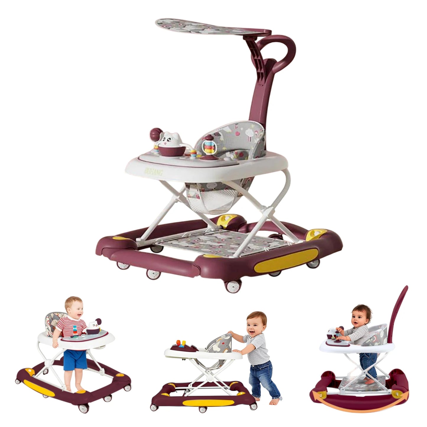 4in1 Baby Walker with Wheels Adjustable Height Music Lights Rocker Mode Activity Walker and Bouncer Combo For Baby Boys & Girls