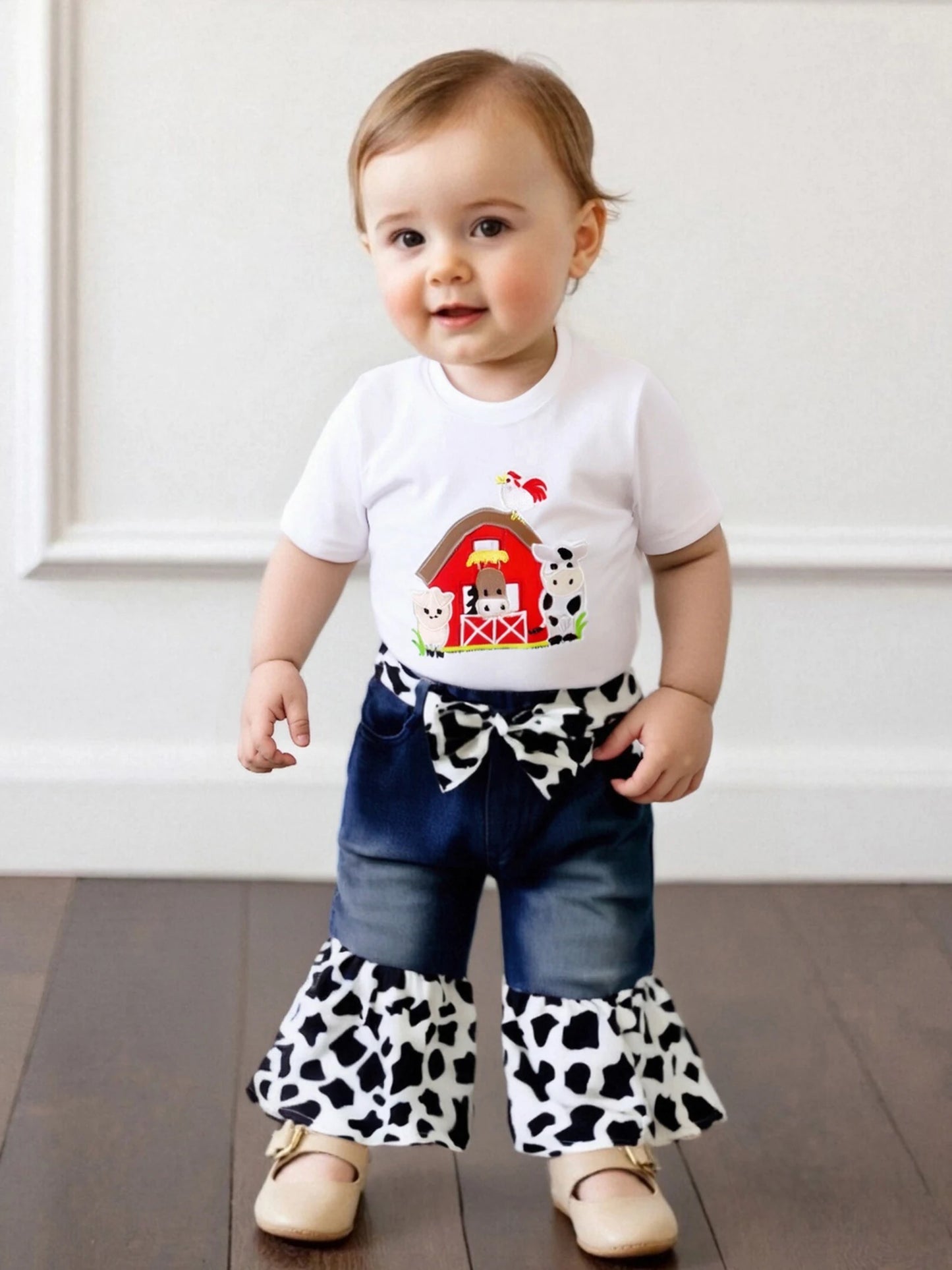Adorable Baby Girl Farm Clothes Set with Cute Piglet Embroidery Top Denim Patchwork Pants and Matching Headband - 3 Piece