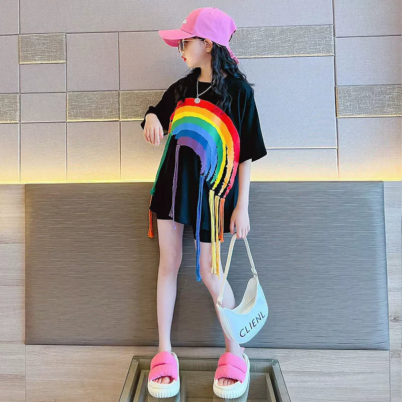 Girls T-shirt Summer Teenagers Short Sleeve Tops Tees Sport Kids School Costume Children Long Clothes 4-12 Years Old