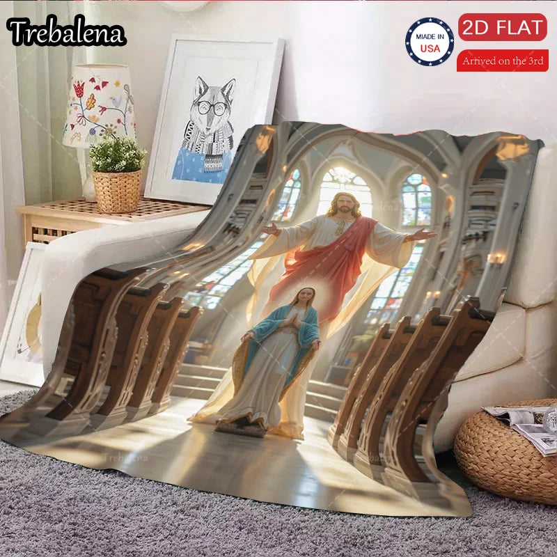 Flannel Blanket-Soft Lightweight All-season Jesus and Mary Church Scene Baby Blanket Soft Cozy for Kids Bedding