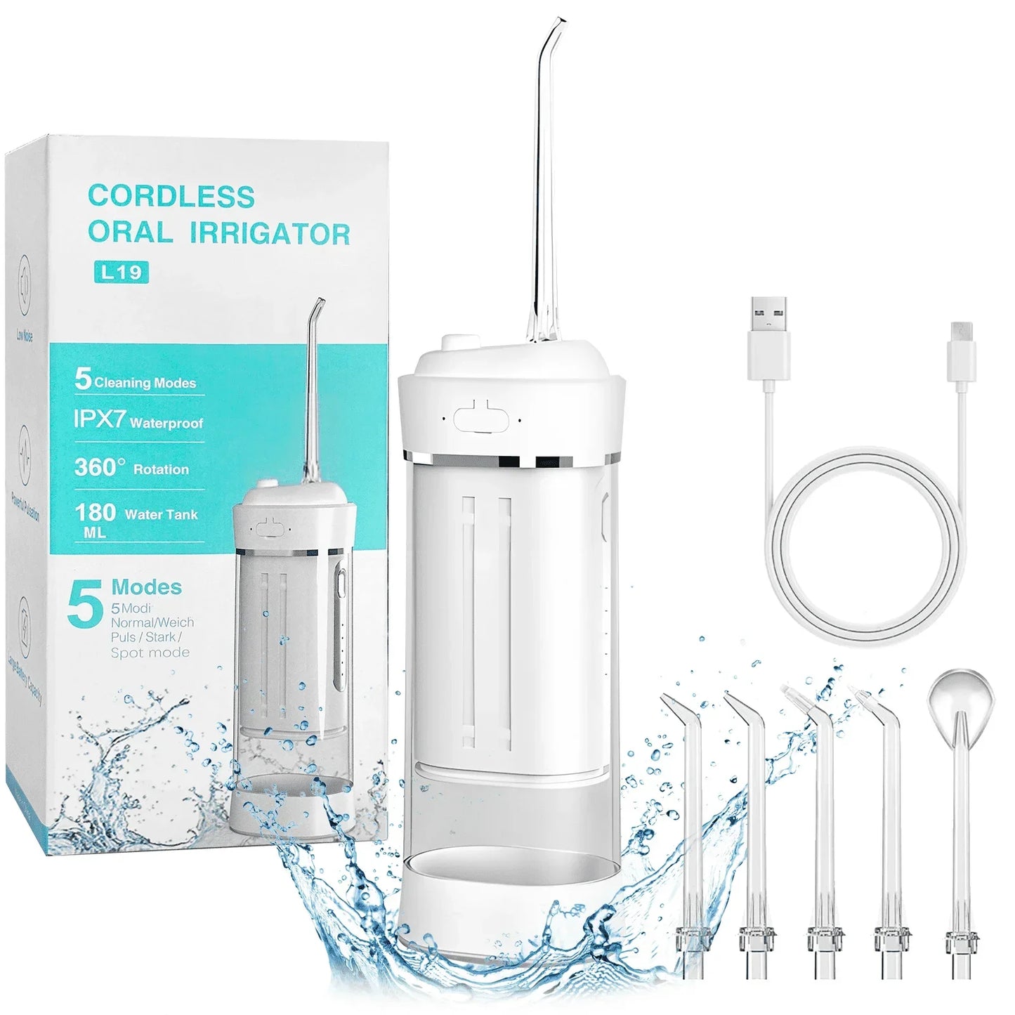 Portable Water Flosser: Oral Irrigator Water Teeth Cleaner, 5 Modes, Rechargeable 5 Nozzle Flosser, Suitable for Home Travel