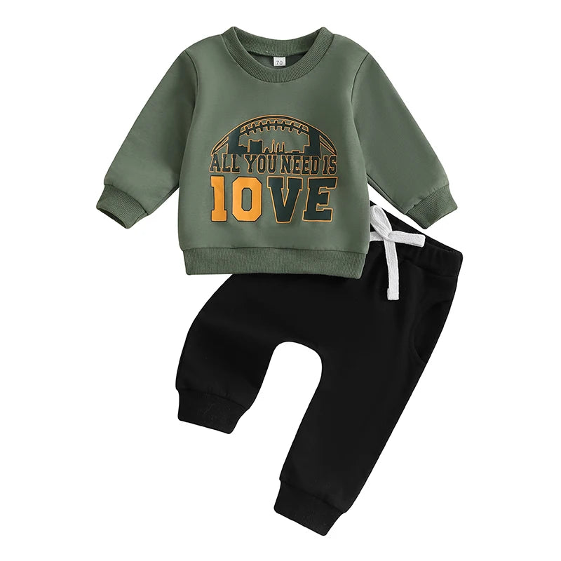 Toddler Unisex Autumn Clothes Set Long Sleeve Round Neck Letter Print Top with Bow Tie Solid Color Trousers for Baby Girl Boy