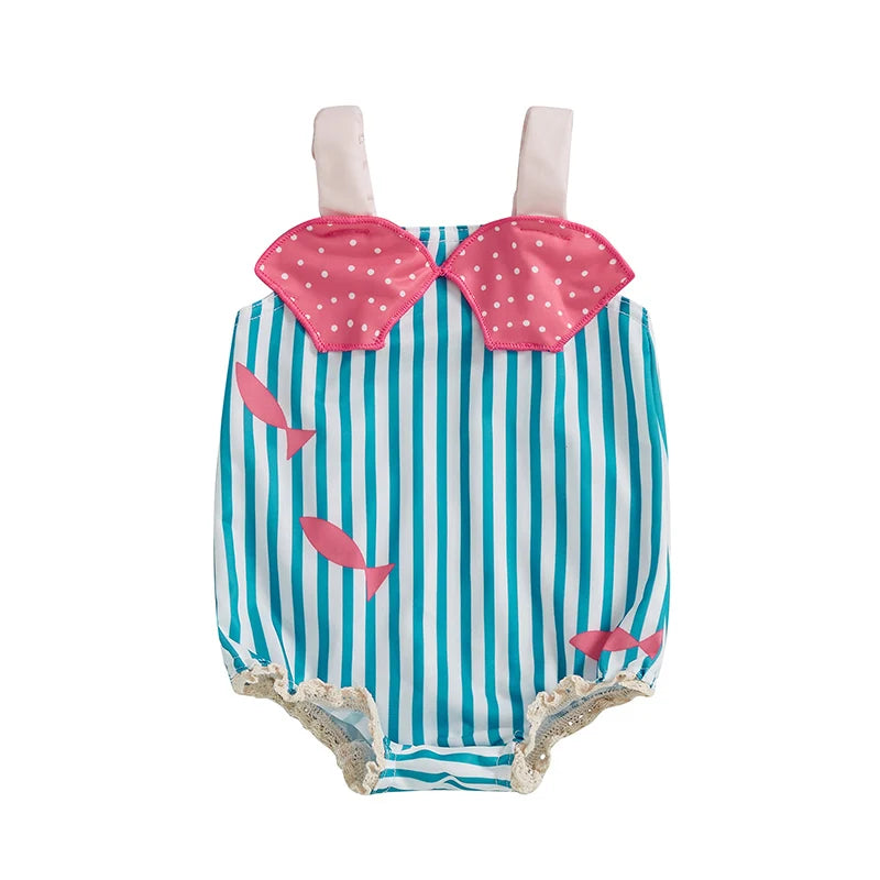 Striped Print Sleeveless Square Neck Baby Girl Swimsuit Toddler Bathing Suit Summer Swimwear Beachwear for Infants