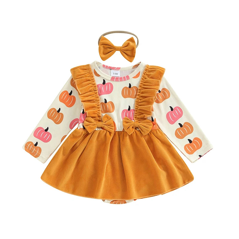 Toddler Girls Halloween Costume Dress with Pumpkin Print Romper Flying Sleeves O Neck and Matching Headband for a Spooky Look