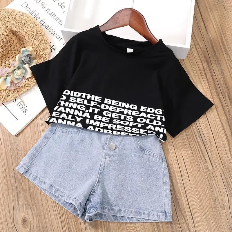 Kids Girls short Clothes Set Summer cotton Crop Tops T-shirt+Denim shorts 2pcs teens Girl Outfits Baby Girls Clothing 4 5 7 10 1