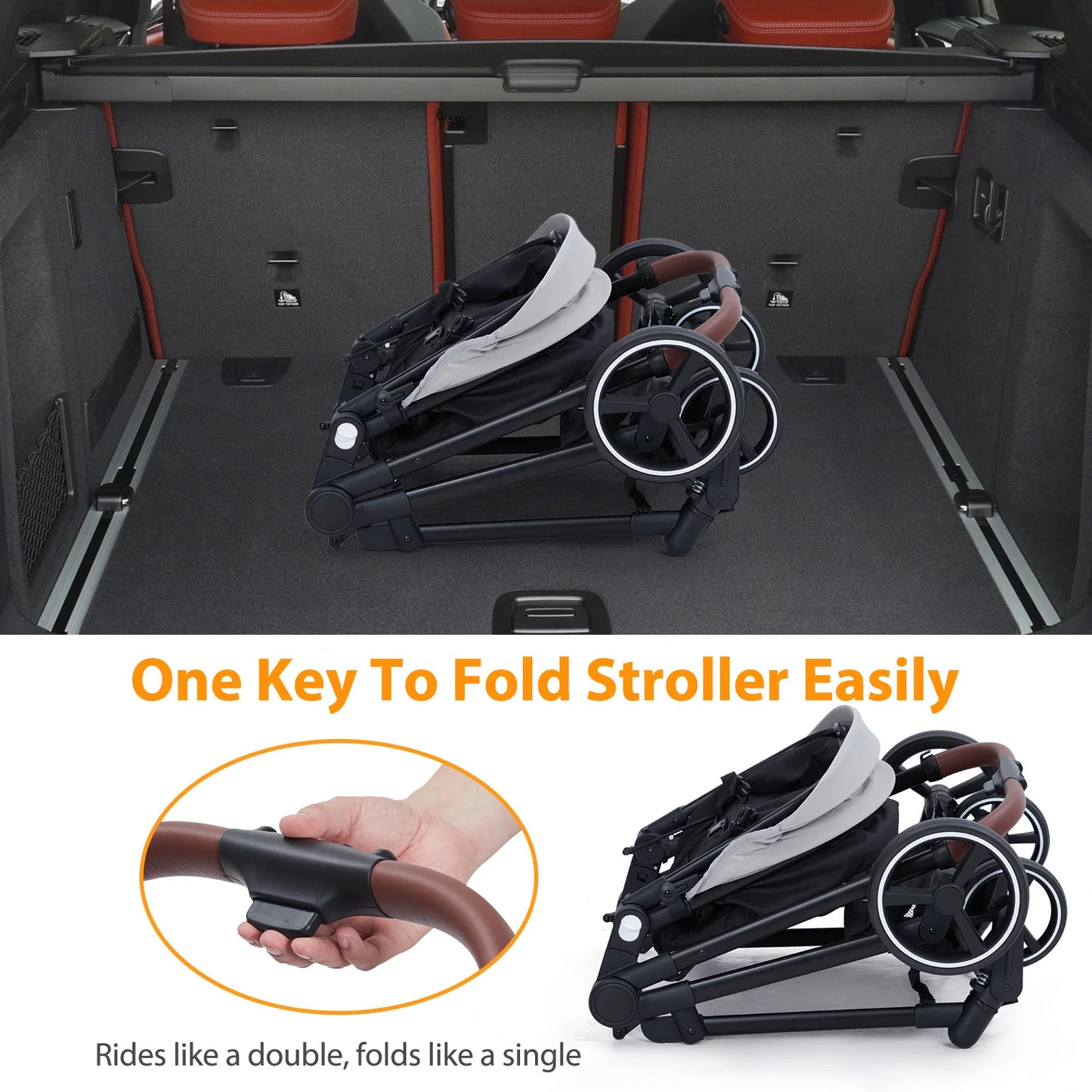 Double Stroller Track Tandem Stroller for Infant and Toddler, Foldable Pushchair Bassinet Pram, Multi-Position Reversible