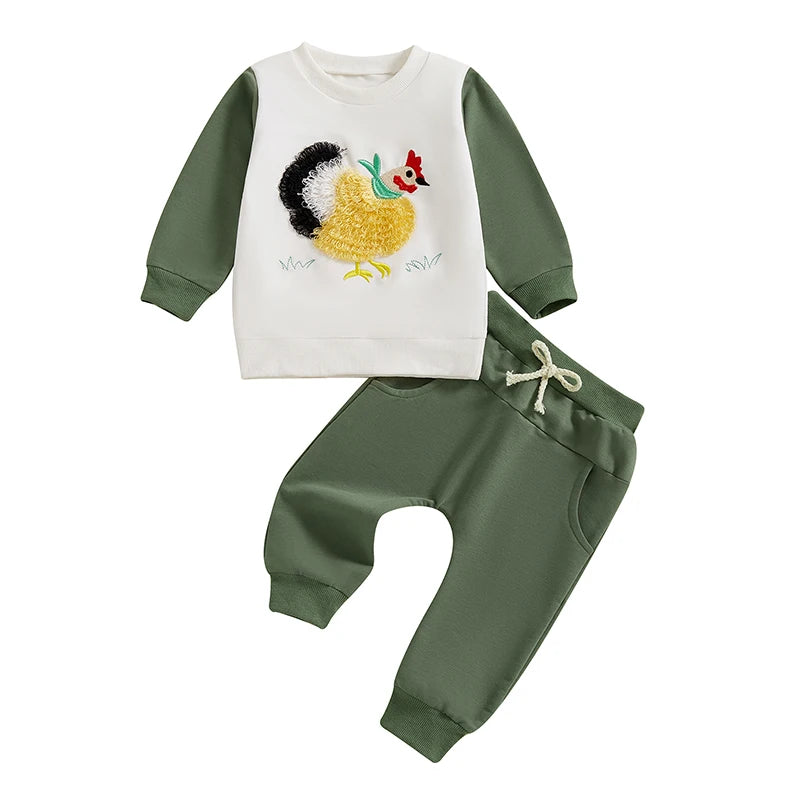 Boys Autumn Outfits Hen Embroidery Sweatshirts and Pants Set Long Sleeve Pullover and Trousers 2-Piece Clothing Ensemble