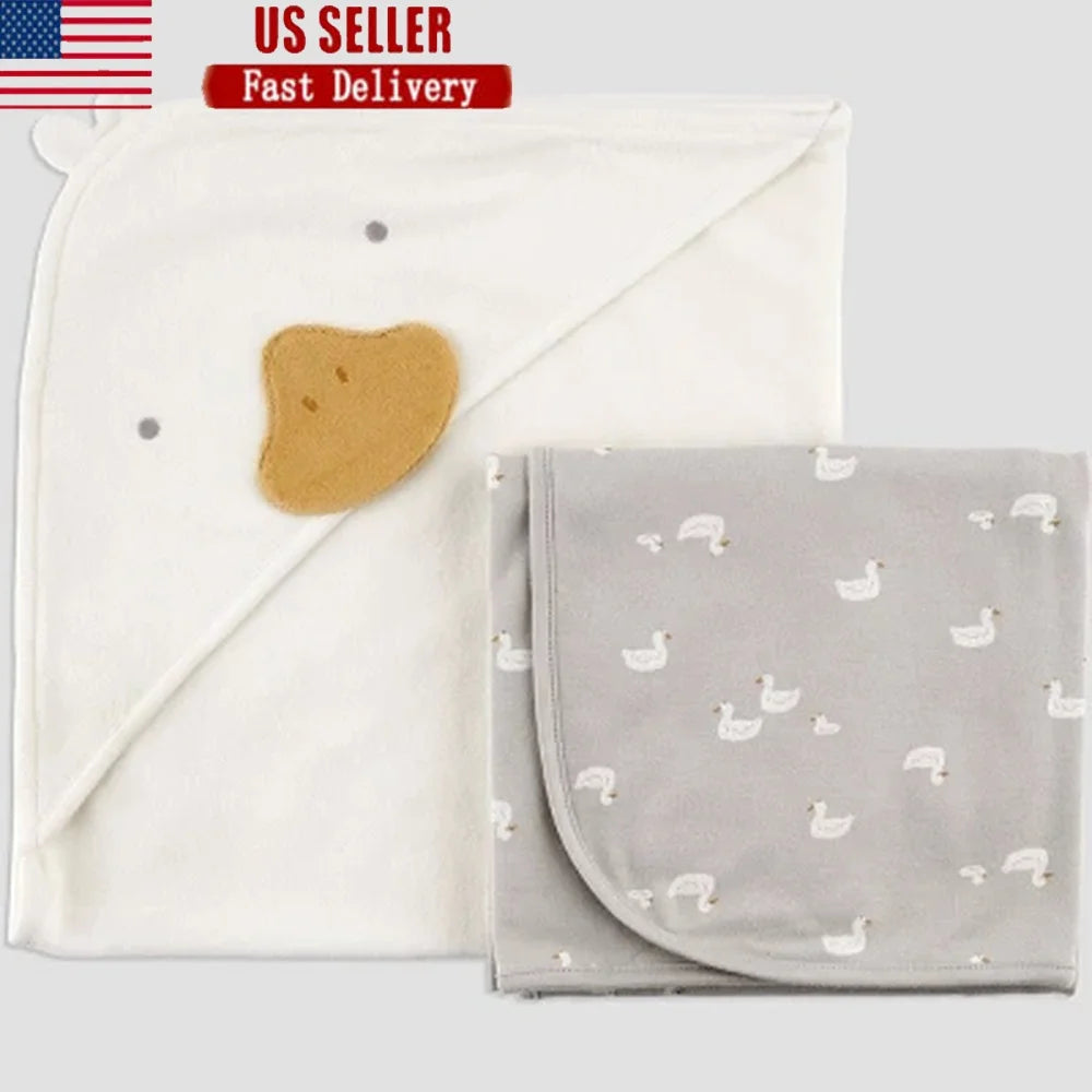 Baby Hooded Towel Set 2pk Cotton Polyester Terry Bath Towels Animal Print Duck Face Machine Washable Gift Set