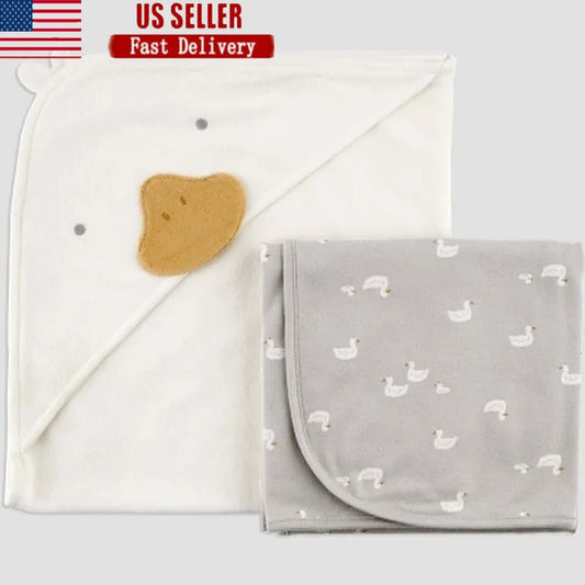 Baby Hooded Towel Set 2pk Cotton Polyester Terry Bath Towels Animal Print Duck Face Machine Washable Gift Set