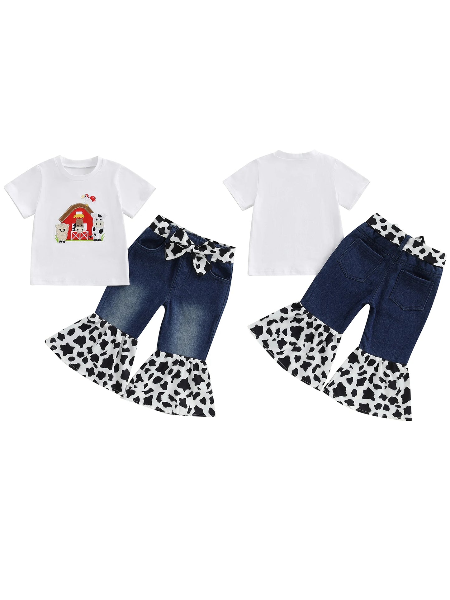 Adorable Baby Girl Farm Clothes Set with Cute Piglet Embroidery Top Denim Patchwork Pants and Matching Headband - 3 Piece