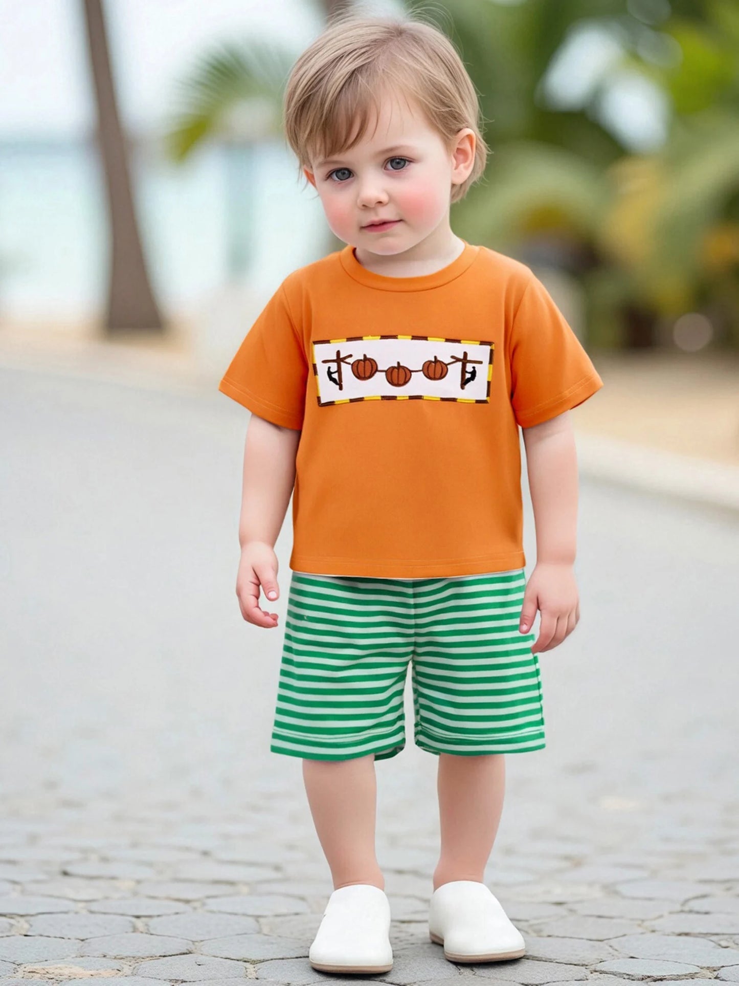 Adorable Baby Boys Summer Set with Pumpkin Embroidery T-Shirt and Striped Shorts - 2 Piece Outfit for a Stylish Look