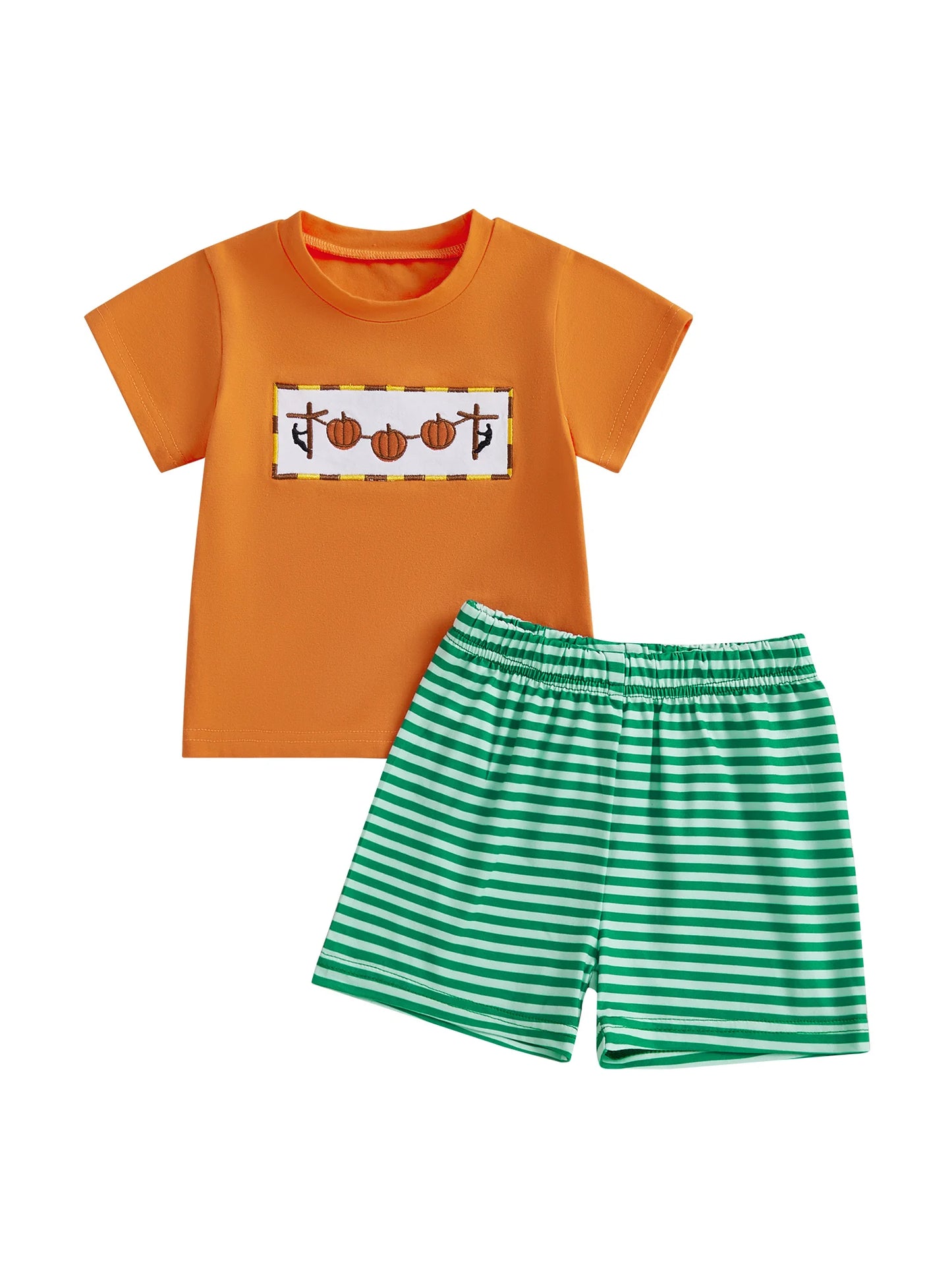 Adorable Baby Boys Summer Set with Pumpkin Embroidery T-Shirt and Striped Shorts - 2 Piece Outfit for a Stylish Look