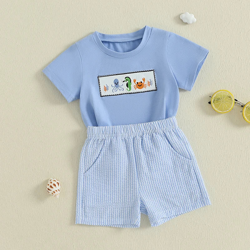 Boys Summer Outfit Set with Short Sleeve Ocean Animal Embroidered Top and Striped Shorts - Cute and Comfy Summer Wear