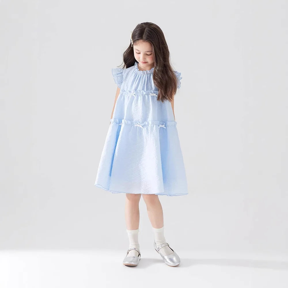 Girls Summer Dress Sweet Flying Sleeve Bow Lace Ruched Kids Girls Princess Dress Thin Cotton Cool Children Girls Dress