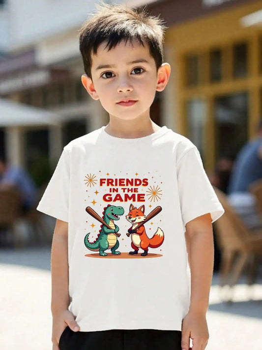 Tween Girls/Boys Clothes, "Whimsical Friends Cotton T-Shirt, Crisp White Tee With Playful Dinosaur And Fox Graphics