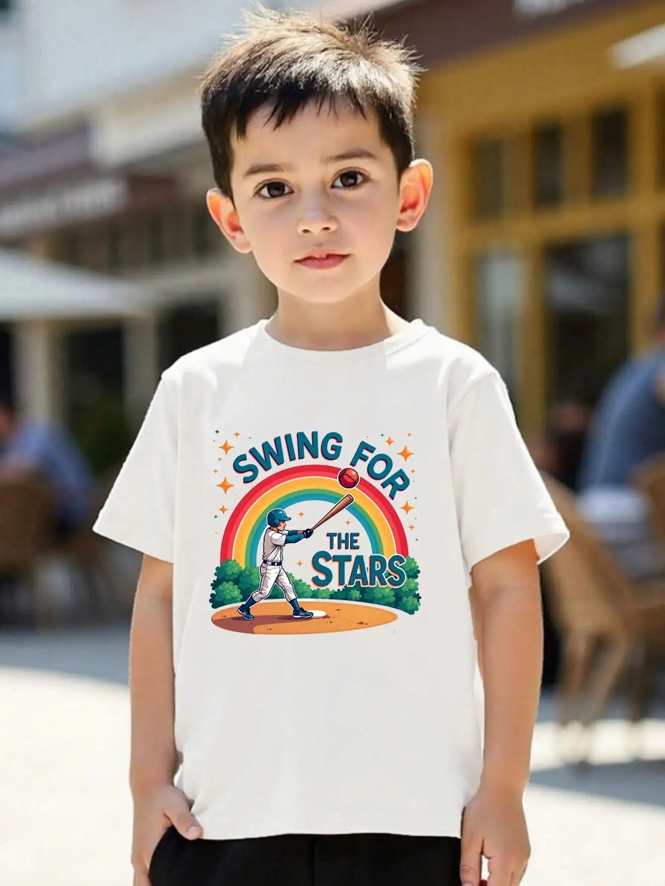Tween Girls/Boys Clothes, Baseball Theme Cotton T-Shirt, White Tee With Baseball Player And Rainbow Design