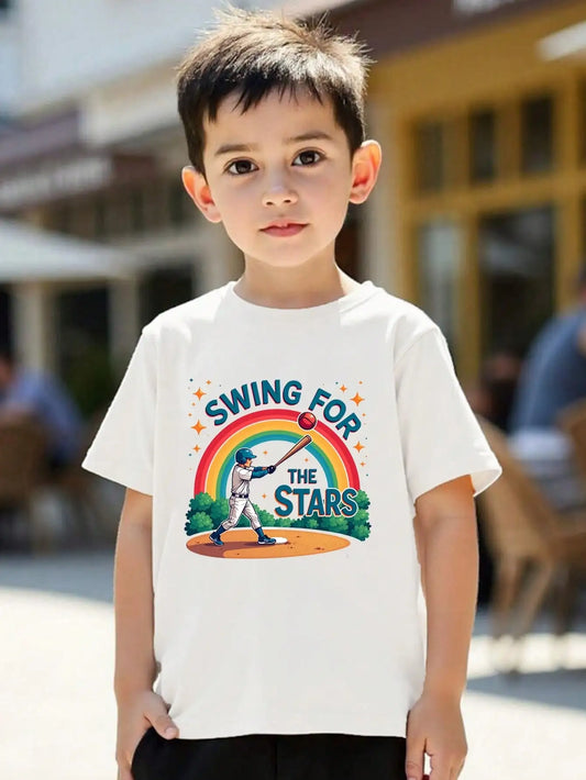 Tween Girls/Boys Clothes, Baseball Theme Cotton T-Shirt, White Tee With Baseball Player And Rainbow Design