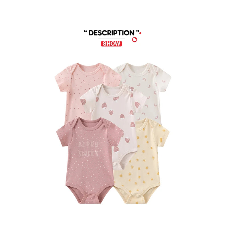 Kiddiezoom 5 Piece Fashion Cartoon Boys and Girls Bodysuits 100% Cotton Soft Newborn Bodysuit Set Summer