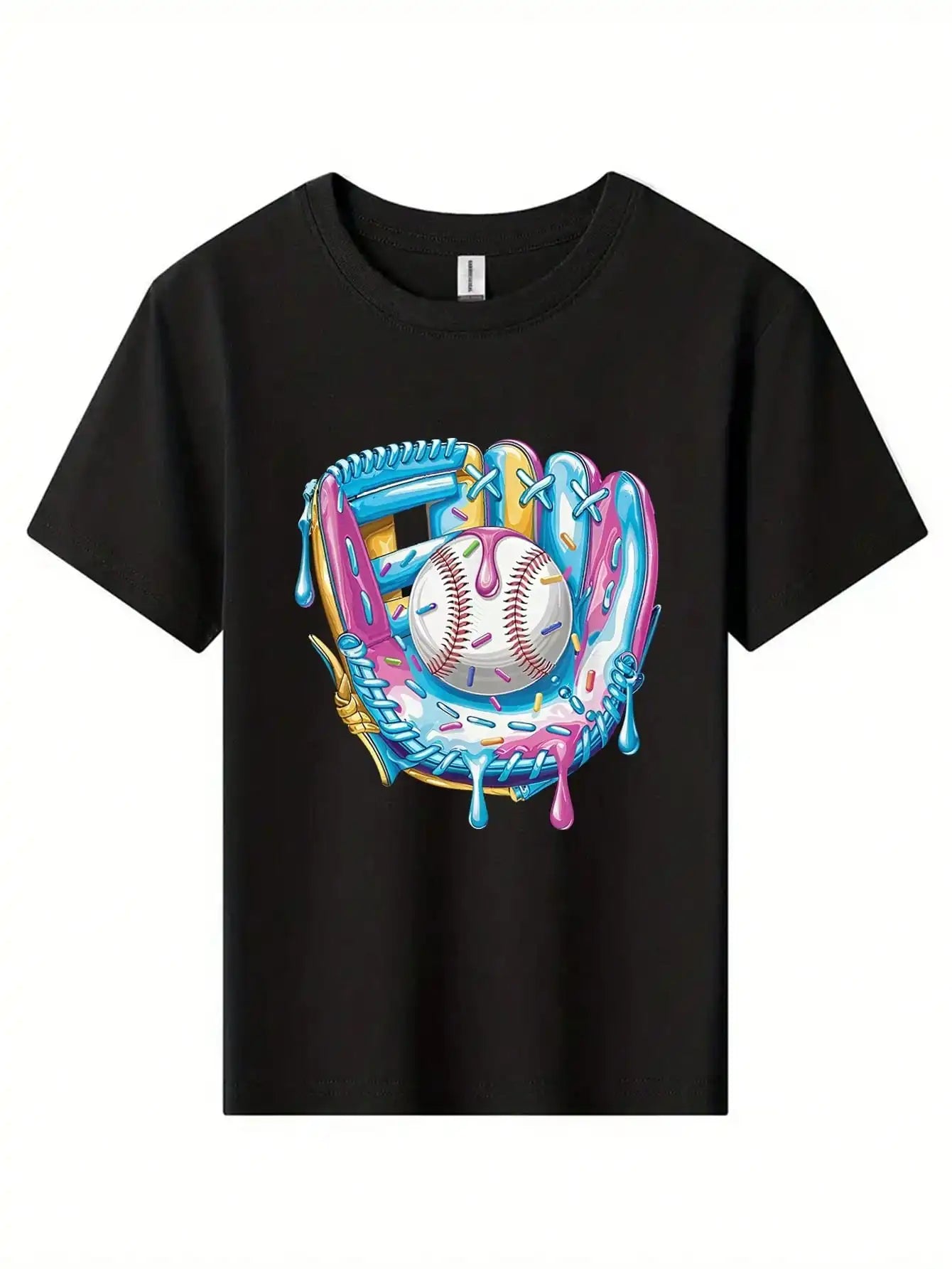 Tween Boys Baseball Cotton Graphic Tees, Black Vibrant Design Summer Tops With Colorful Baseball Artwork