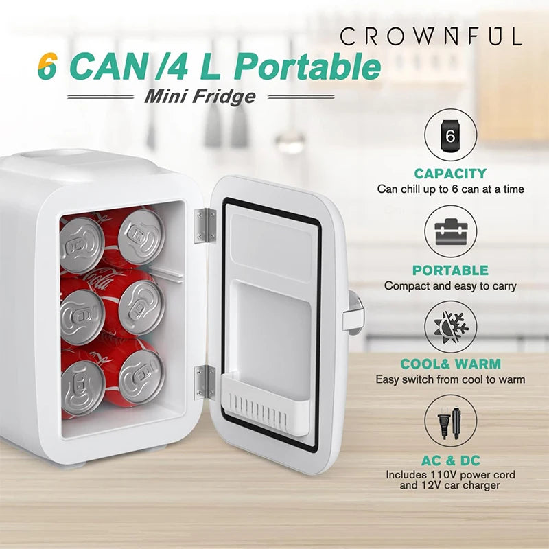 Crownful 4L Mini Multifunction Refrigerator 120V Electric Portable Beauty Cooler Warmer Car Mini Fridge for Home Camping Travel