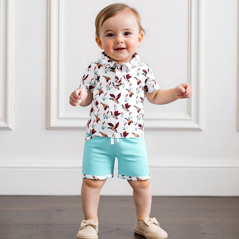 Toddler Boys Casual Outfits Dinosaur Print Short Sleeve Shirt and Shorts Set for Summer 2 Piece Clothing Set with Elastic