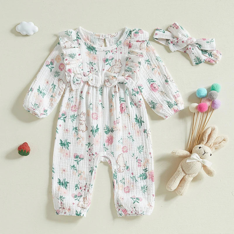 Adorable Baby Girls Easter Romper with Bunny Print Ruffled Long Sleeve Jumpsuit and Matching Headband Set for Toddler