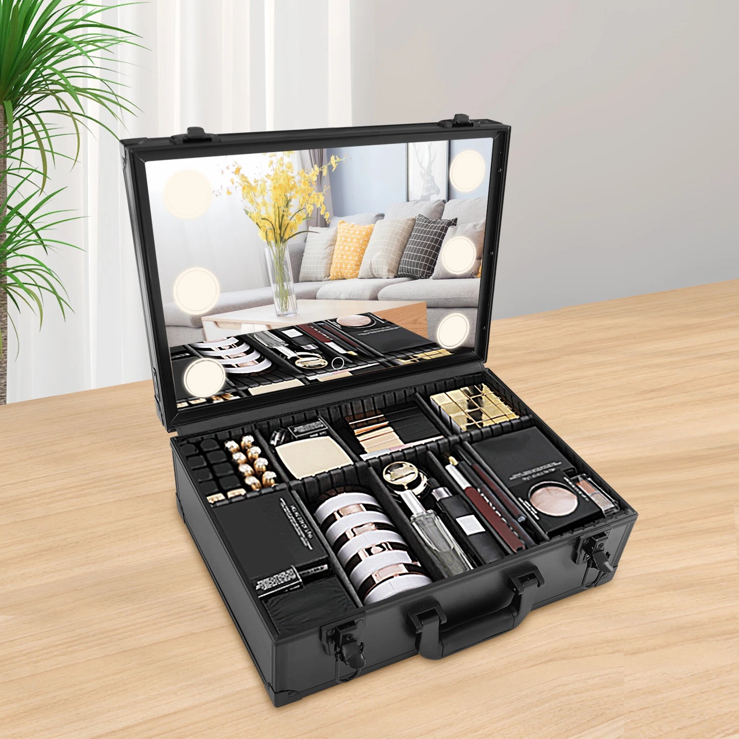 Travel Makeup Train Case Cosmetic Bag Makeup Bag Mirror LED Light Black