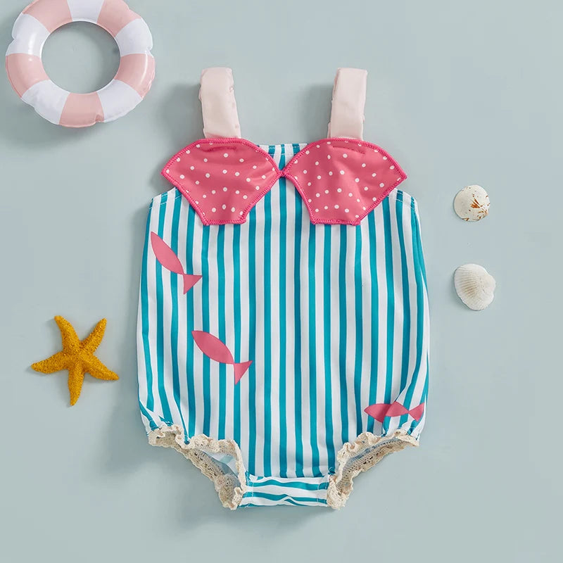 Striped Print Sleeveless Square Neck Baby Girl Swimsuit Toddler Bathing Suit Summer Swimwear Beachwear for Infants