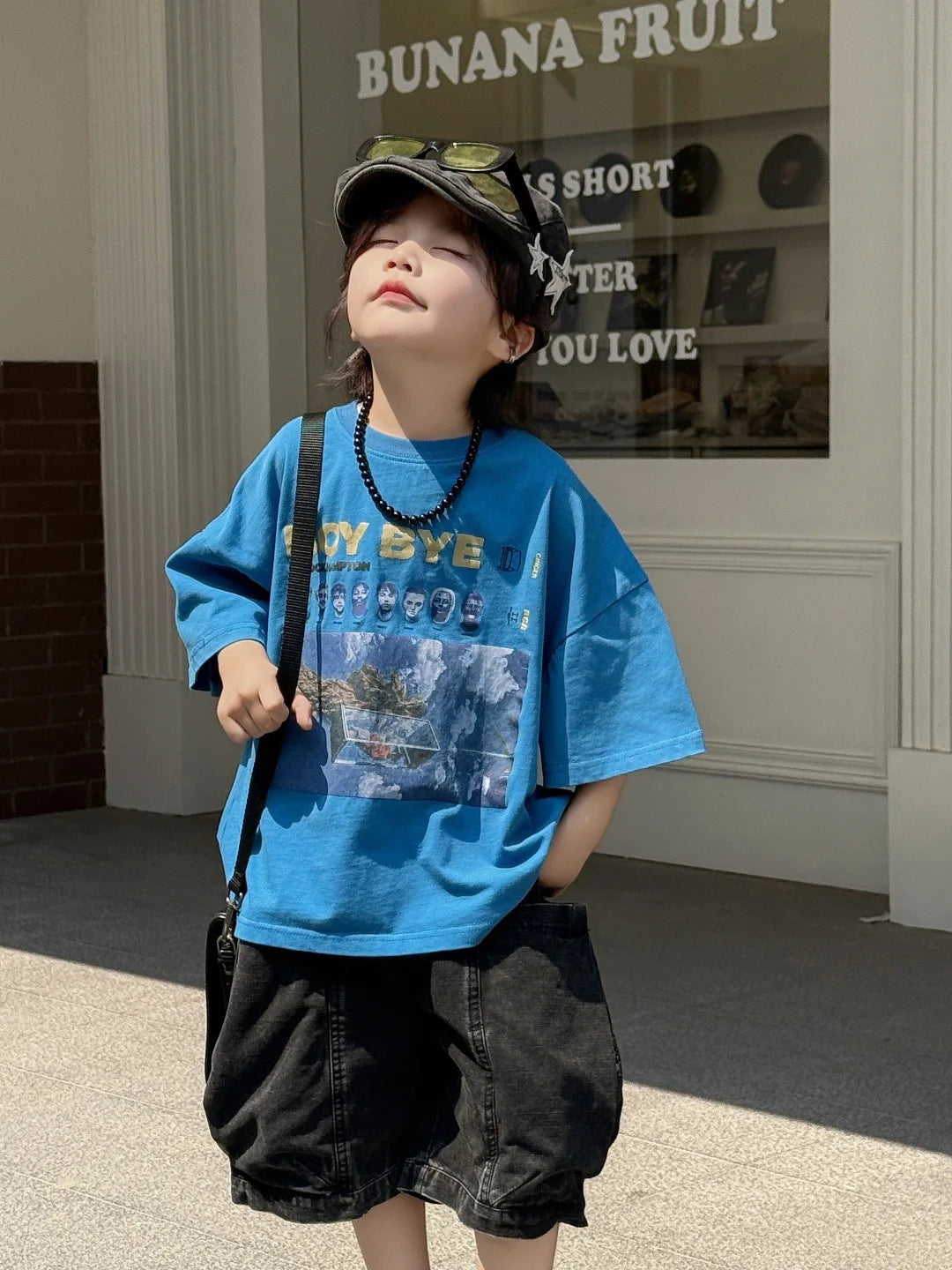 Children T-shirt Summer Boys Fashion Handsome Print Blue Crewneck Short Sleeve Loose Fit Version Tops Kid Clothes Tees A52020