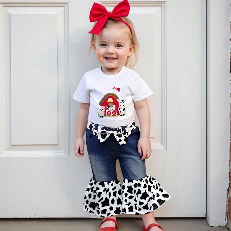 Adorable Baby Girl Farm Clothes Set with Cute Piglet Embroidery Top Denim Patchwork Pants and Matching Headband - 3 Piece